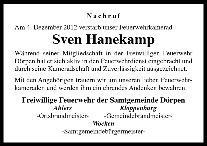  Traueranzeige für Sven Hanekamp vom 07.12.2012 aus Neue Osnabrücker Zeitung GmbH & Co. KG