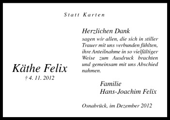 Traueranzeige von Käthe Felix von Neue Osnabrücker Zeitung GmbH & Co. KG