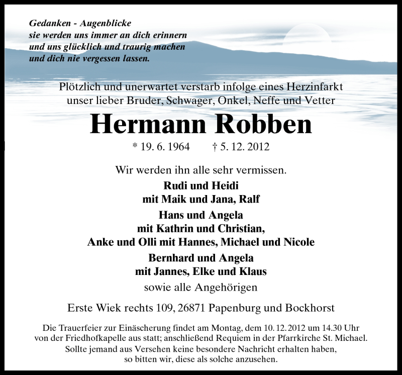  Traueranzeige für Hermann Robben vom 07.12.2012 aus Neue Osnabrücker Zeitung GmbH & Co. KG