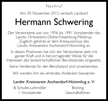 Traueranzeige von Hermann Schwering von Neue Osnabrücker Zeitung GmbH & Co. KG