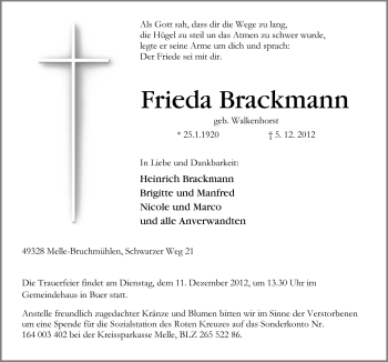 Traueranzeige von Frieda Brackmann von Neue Osnabrücker Zeitung GmbH & Co. KG