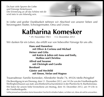 Traueranzeige von Katharina Komesker von Neue Osnabrücker Zeitung GmbH & Co. KG