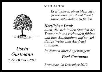 Traueranzeige von Uschi Gustmann von Neue Osnabrücker Zeitung GmbH & Co. KG