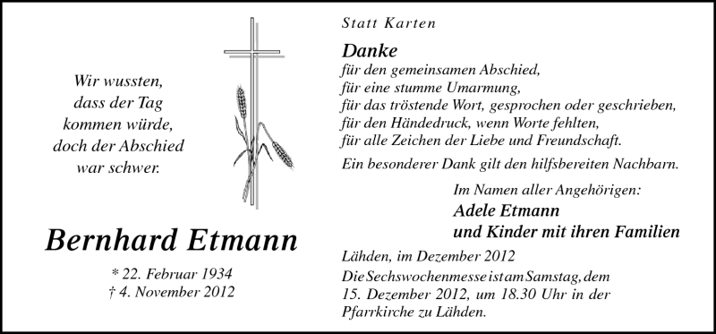  Traueranzeige für Bernhard Etmann vom 12.12.2012 aus Neue Osnabrücker Zeitung GmbH & Co. KG