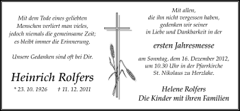 Traueranzeige von Heinrich Rolfers von Neue Osnabrücker Zeitung GmbH & Co. KG
