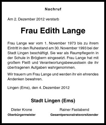 Traueranzeige von Edith Lange von Neue Osnabrücker Zeitung GmbH & Co. KG