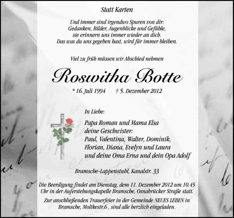  Traueranzeige für Roswitha Botte vom 08.12.2012 aus Neue Osnabrücker Zeitung GmbH & Co. KG