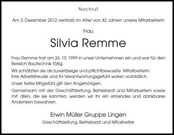 Traueranzeige von Silvia Remme von Neue Osnabrücker Zeitung GmbH & Co. KG