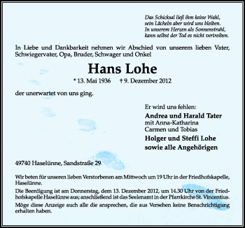 Traueranzeige von Hans Lohe von Neue Osnabrücker Zeitung GmbH & Co. KG