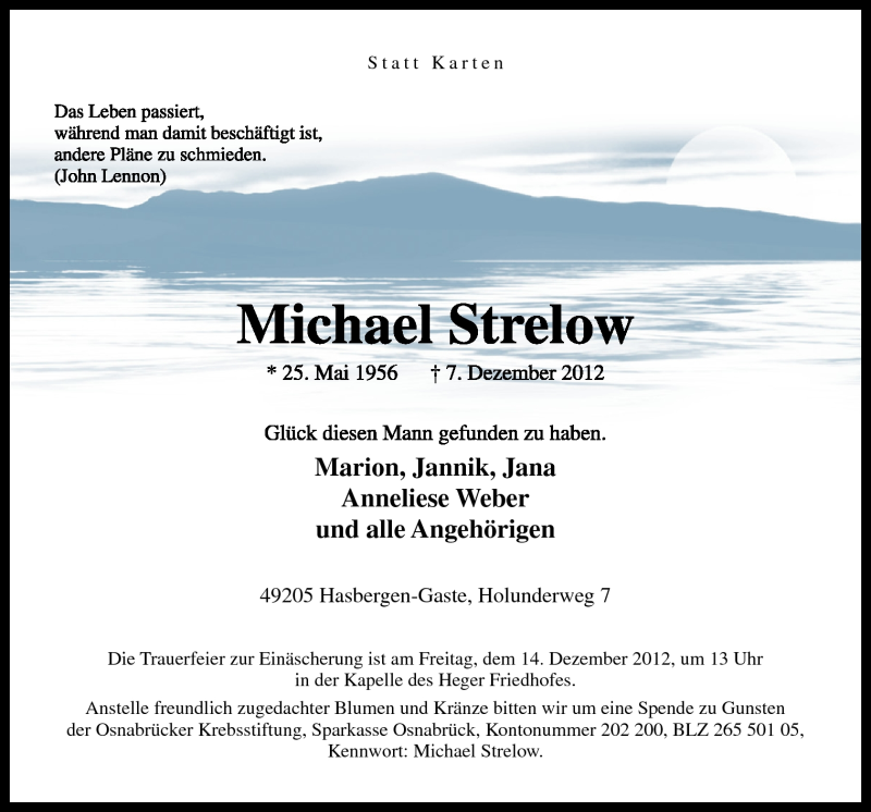  Traueranzeige für Michael Strelow vom 11.12.2012 aus Neue Osnabrücker Zeitung GmbH & Co. KG