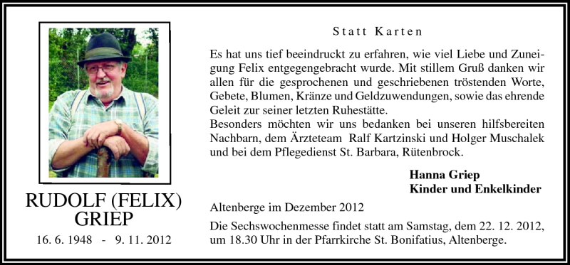  Traueranzeige für Rudolf Griep vom 19.12.2012 aus Neue Osnabrücker Zeitung GmbH & Co. KG