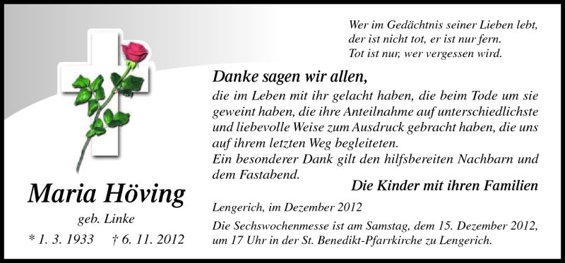  Traueranzeige für Maria Höving vom 13.12.2012 aus Neue Osnabrücker Zeitung GmbH & Co. KG