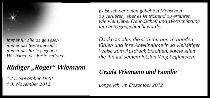  Traueranzeige für Rüdiger Wiemann vom 13.12.2012 aus Neue Osnabrücker Zeitung GmbH & Co. KG