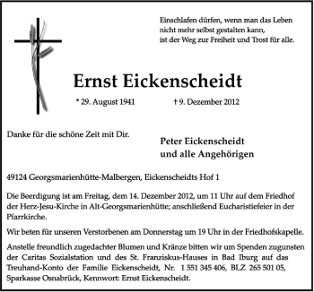 Traueranzeige von Ernst Eickenscheidt von Neue Osnabrücker Zeitung GmbH & Co. KG