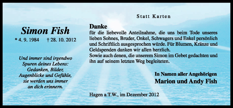 Traueranzeige für Simon Fish vom 12.12.2012 aus Neue Osnabrücker Zeitung GmbH & Co. KG