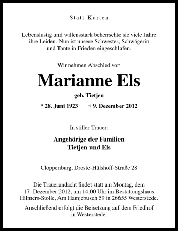 Traueranzeige von Marianne Els von Neue Osnabrücker Zeitung GmbH & Co. KG