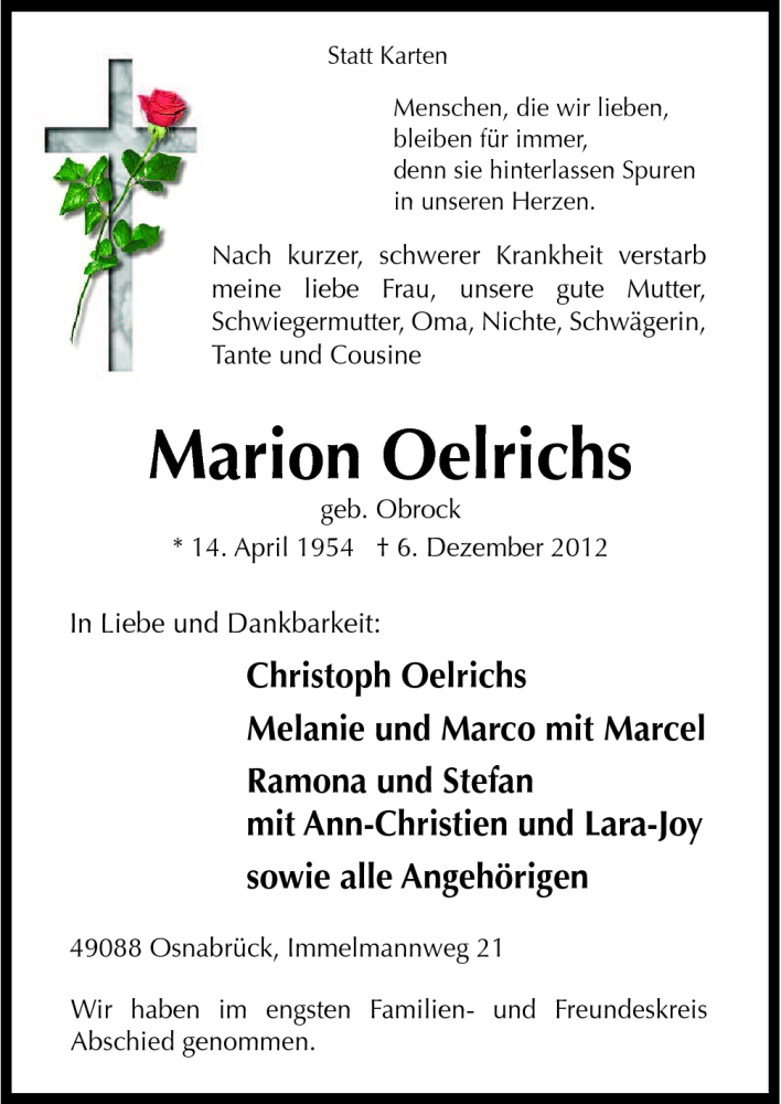  Traueranzeige für Marion Oelrichs vom 13.12.2012 aus Neue Osnabrücker Zeitung GmbH & Co. KG