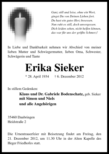 Traueranzeige von Erika Sieker von Neue Osnabrücker Zeitung GmbH & Co. KG