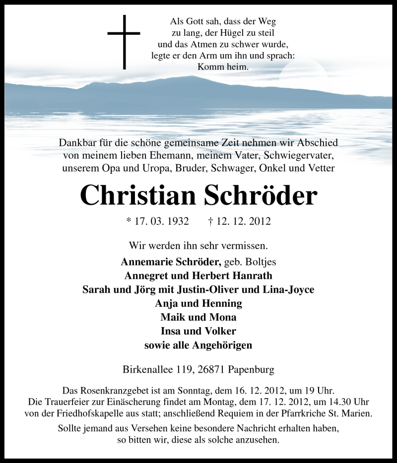 Traueranzeige für Christian Schröder vom 14.12.2012 aus Neue Osnabrücker Zeitung GmbH & Co. KG