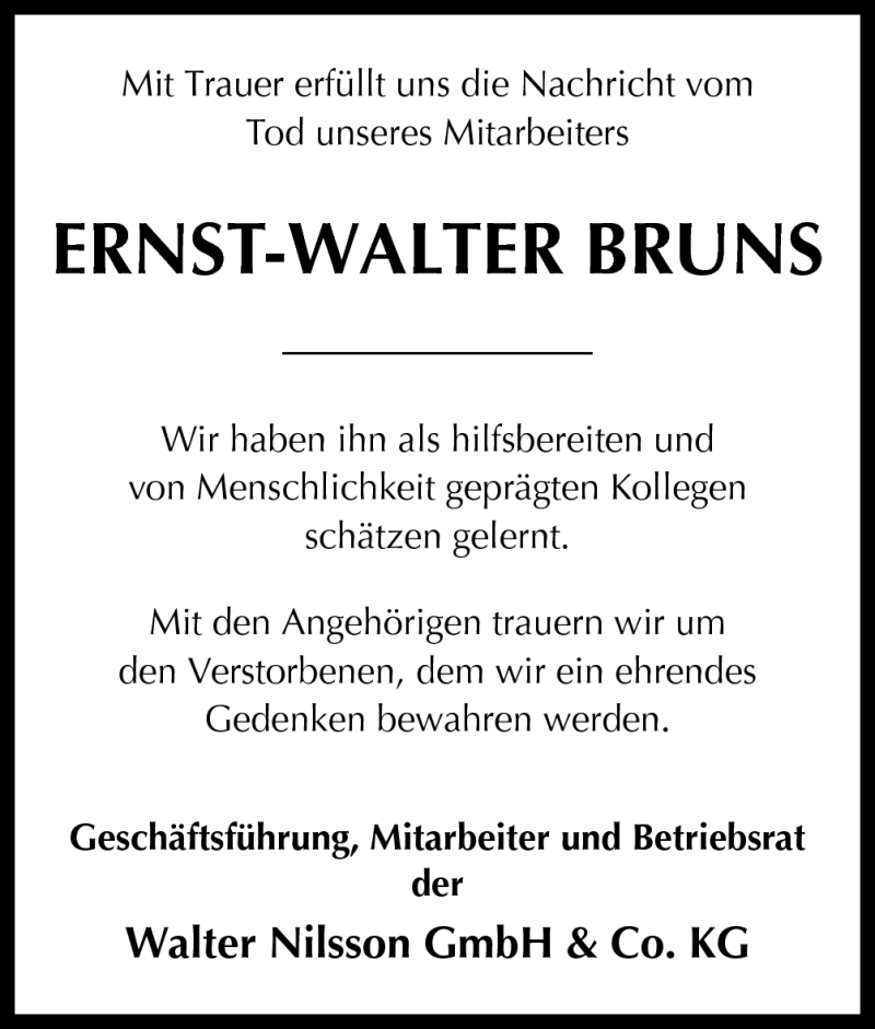  Traueranzeige für ERNST-WALTER BRUNS vom 15.12.2012 aus Neue Osnabrücker Zeitung GmbH & Co. KG