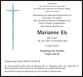 Traueranzeige von Marianne Els von Neue Osnabrücker Zeitung GmbH & Co. KG