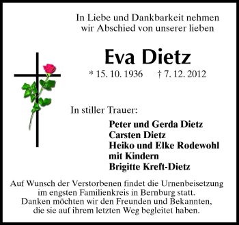 Traueranzeige von Eva Dietz von Neue Osnabrücker Zeitung GmbH & Co. KG