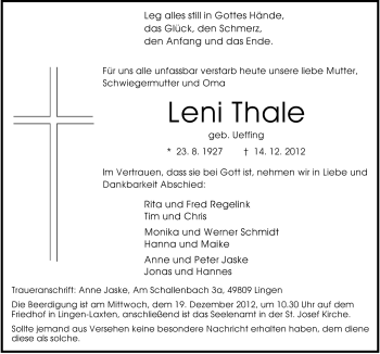 Traueranzeige von Leni Thale von Neue Osnabrücker Zeitung GmbH & Co. KG