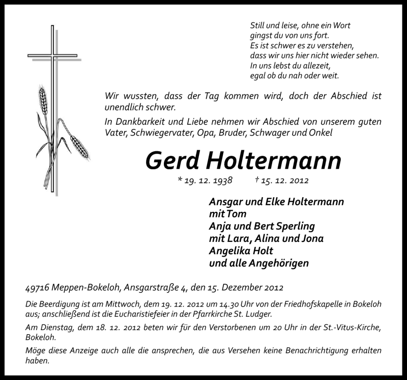  Traueranzeige für Gerd Holtermann vom 17.12.2012 aus Neue Osnabrücker Zeitung GmbH & Co. KG