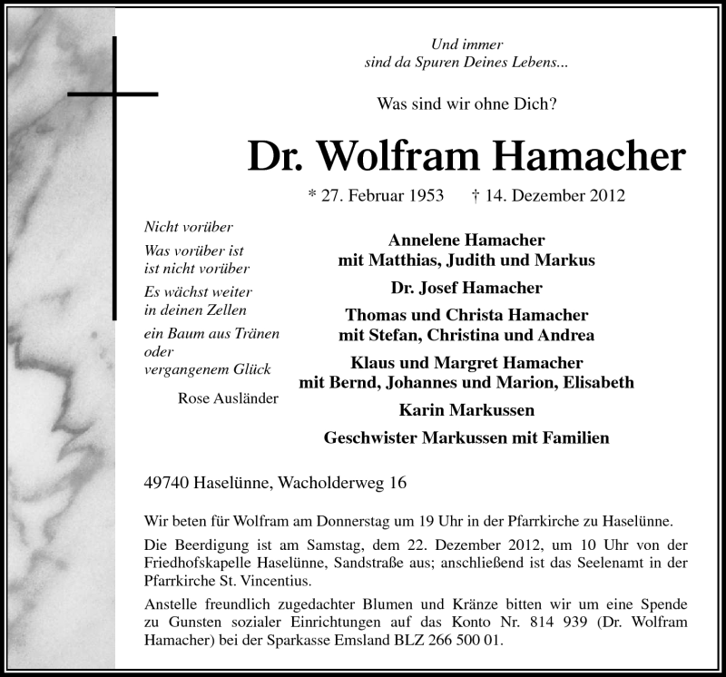  Traueranzeige für Wolfram Hamacher vom 17.12.2012 aus Neue Osnabrücker Zeitung GmbH & Co. KG