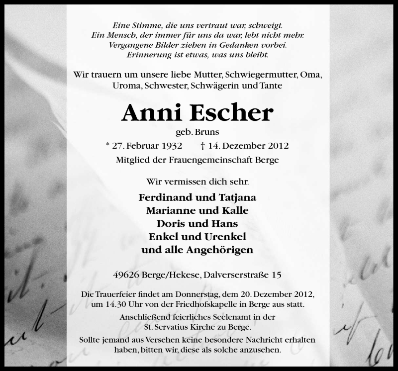  Traueranzeige für Anni Escher vom 17.12.2012 aus Neue Osnabrücker Zeitung GmbH & Co. KG