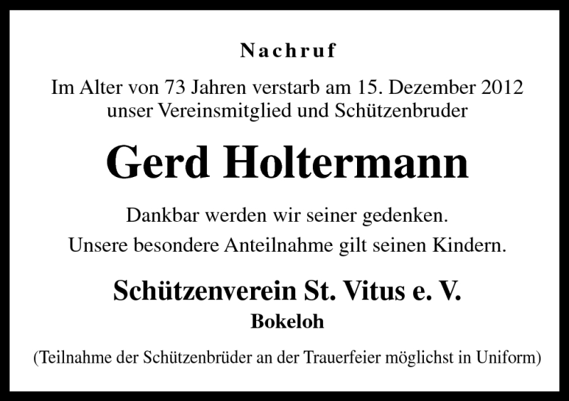  Traueranzeige für Gerd Holtermann vom 18.12.2012 aus Neue Osnabrücker Zeitung GmbH & Co. KG