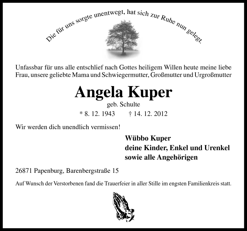  Traueranzeige für Angela Kuper vom 31.12.2012 aus Neue Osnabrücker Zeitung GmbH & Co. KG
