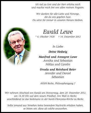 Traueranzeige von Ewald Lewe von Neue Osnabrücker Zeitung GmbH & Co. KG