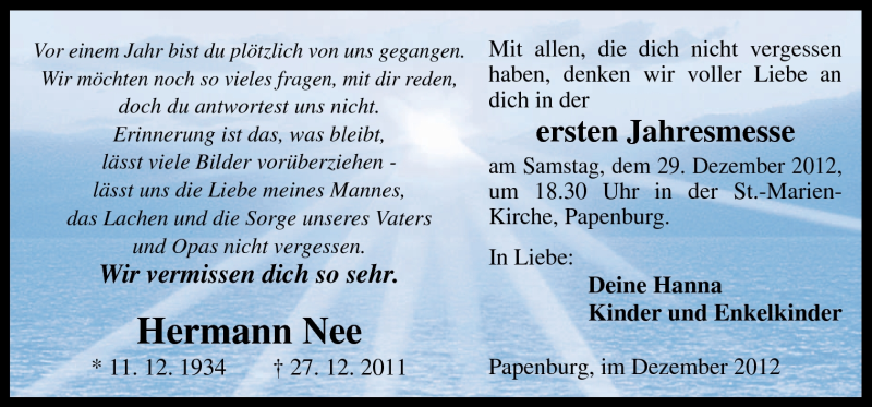  Traueranzeige für Hermann Nee vom 27.12.2012 aus Neue Osnabrücker Zeitung GmbH & Co. KG