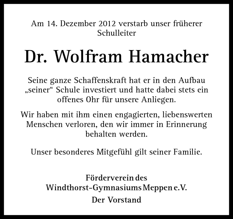  Traueranzeige für Wolfram Hamacher vom 19.12.2012 aus Neue Osnabrücker Zeitung GmbH & Co. KG