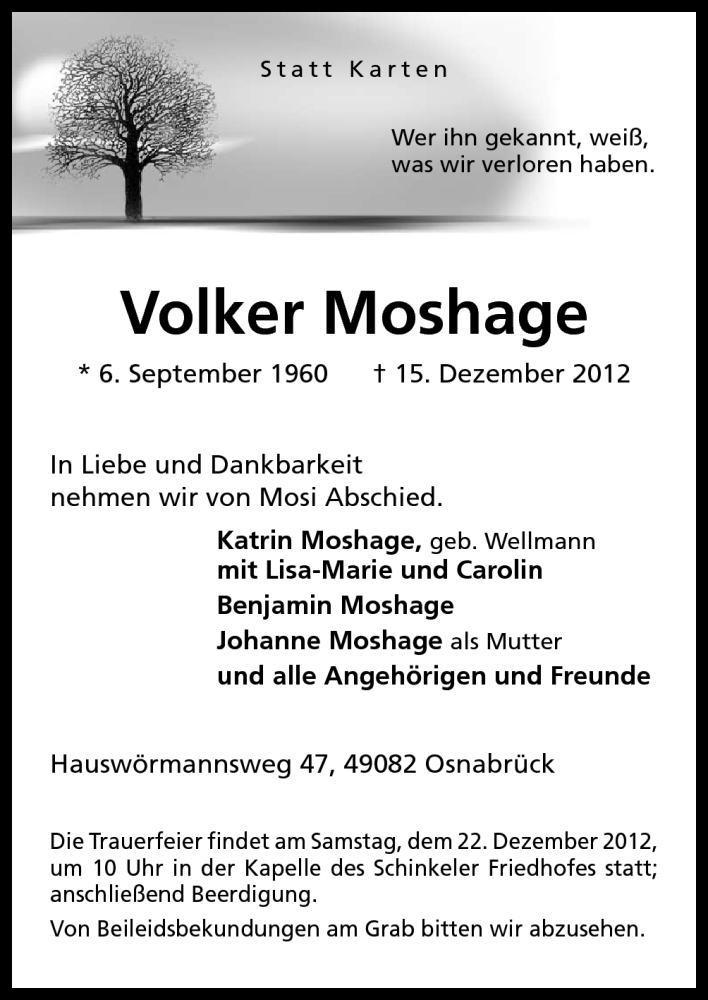  Traueranzeige für Volker Moshage vom 18.12.2012 aus Neue Osnabrücker Zeitung GmbH & Co. KG