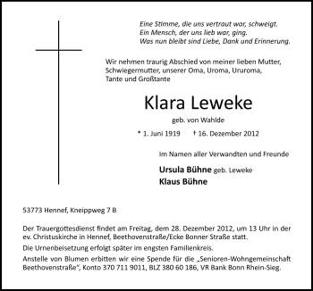 Traueranzeige von Klara Leweke von Neue Osnabrücker Zeitung GmbH & Co. KG