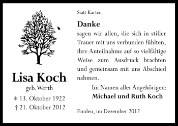 Traueranzeige von Lisa Koch von Neue Osnabrücker Zeitung GmbH & Co. KG