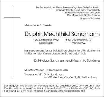 Traueranzeige von Mechthild Sandmann von Neue Osnabrücker Zeitung GmbH & Co. KG