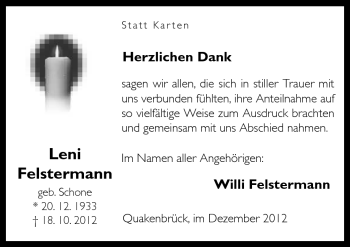 Traueranzeige von Leni Felstermann von Neue Osnabrücker Zeitung GmbH & Co. KG