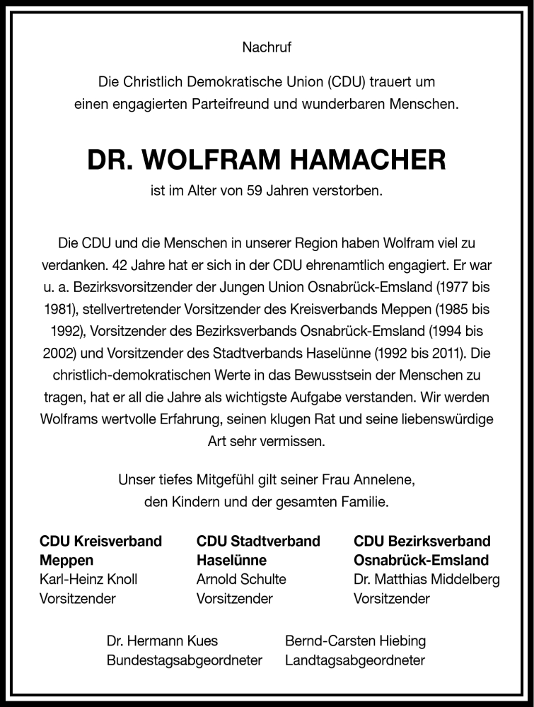  Traueranzeige für Wolfram Hamacher vom 20.12.2012 aus Neue Osnabrücker Zeitung GmbH & Co. KG