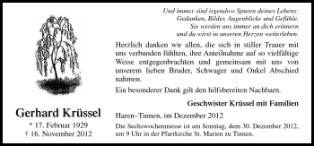 Traueranzeige von Gerhard Krüssel von Neue Osnabrücker Zeitung GmbH & Co. KG