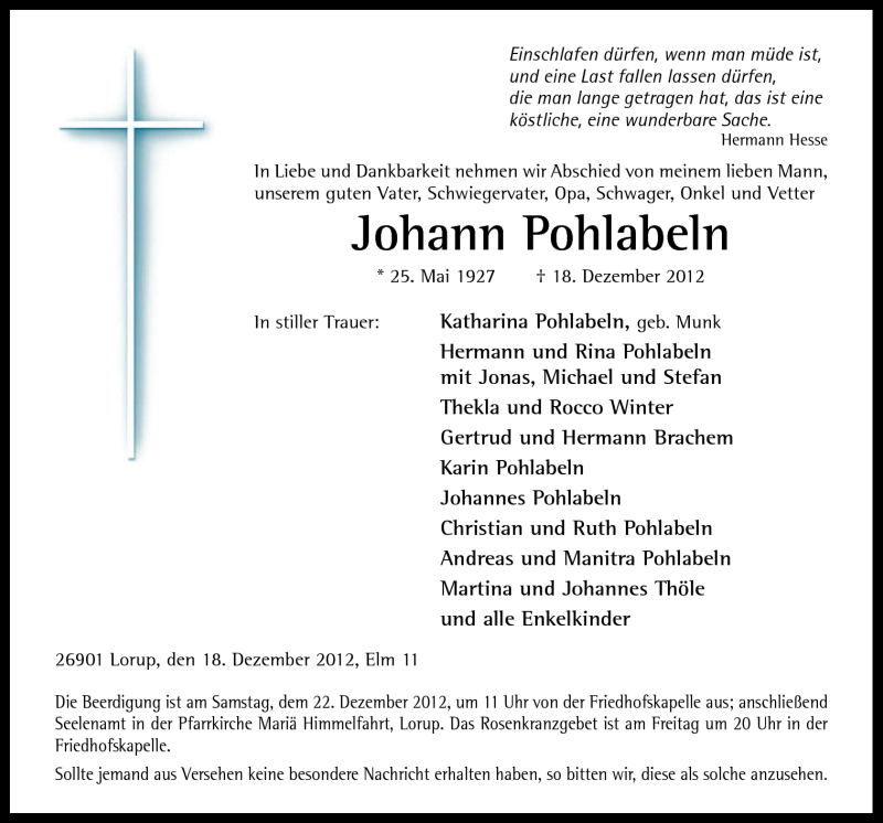  Traueranzeige für Johann Pohlabeln vom 20.12.2012 aus Neue Osnabrücker Zeitung GmbH & Co. KG