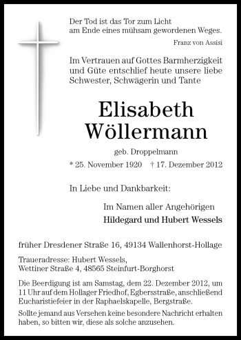 Traueranzeige von Elisabeth Wöllermann von Neue Osnabrücker Zeitung GmbH & Co. KG