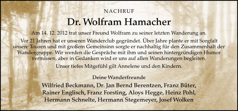  Traueranzeige für Wolfram Hamacher vom 21.12.2012 aus Neue Osnabrücker Zeitung GmbH & Co. KG
