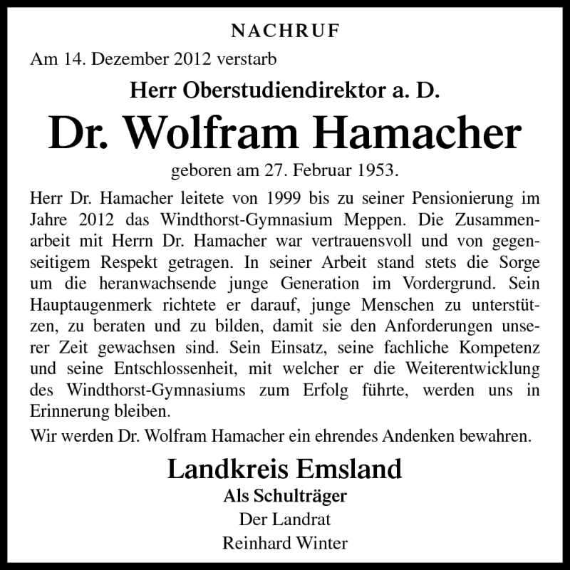  Traueranzeige für Wolfram Hamacher vom 22.12.2012 aus Neue Osnabrücker Zeitung GmbH & Co. KG