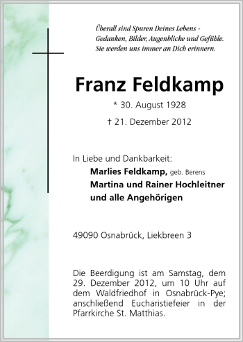 Traueranzeige von Franz Feldkamp von Neue Osnabrücker Zeitung GmbH & Co. KG