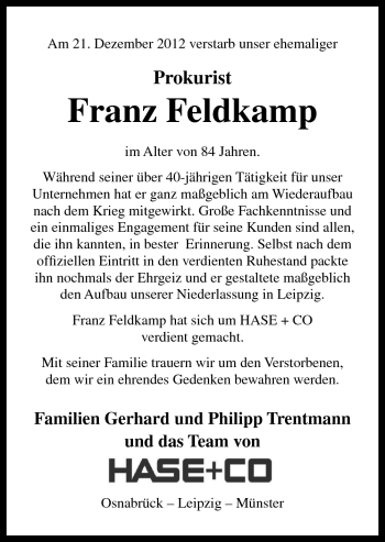 Traueranzeige von Franz Feldkamp von Neue Osnabrücker Zeitung GmbH & Co. KG