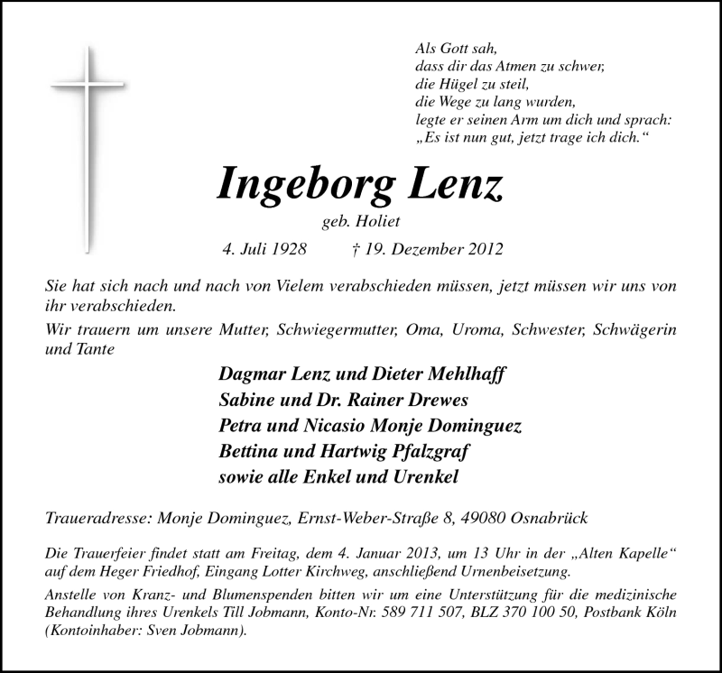  Traueranzeige für Ingeborg Lenz vom 29.12.2012 aus Neue Osnabrücker Zeitung GmbH & Co. KG