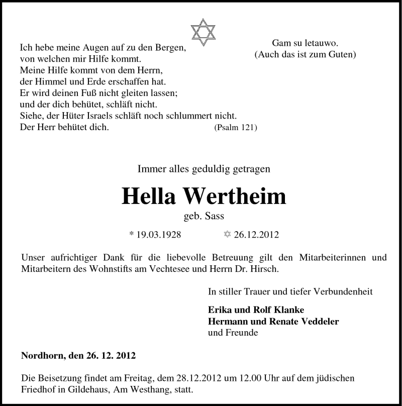  Traueranzeige für Hella Wertheim vom 28.12.2012 aus Neue Osnabrücker Zeitung GmbH & Co. KG